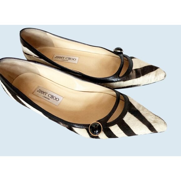 JIMMY CHOO Zebra Print Pony Hair Pointed Toe Flats Size 38 / 8 - Picture 1 of 8